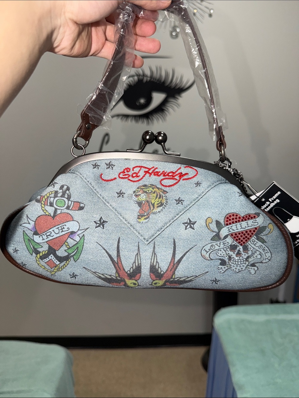 Ed Hardy Light Denim Tattoo-Print Kiss-Lock Shoulder Bag with Red Accents